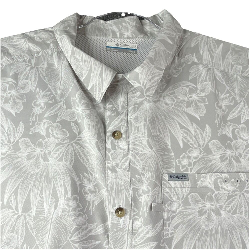 Columbia PFG Omni-Shade Men's XL Fishing Shirt Gray White Tropical Short Sleeve